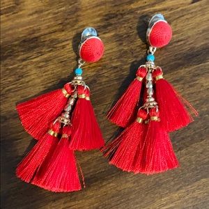 Red and gold tassel fringe earrings